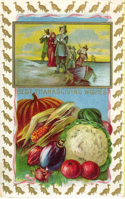 Victorian Thanksgiving Greeting Card with Harvest & Beach Scene