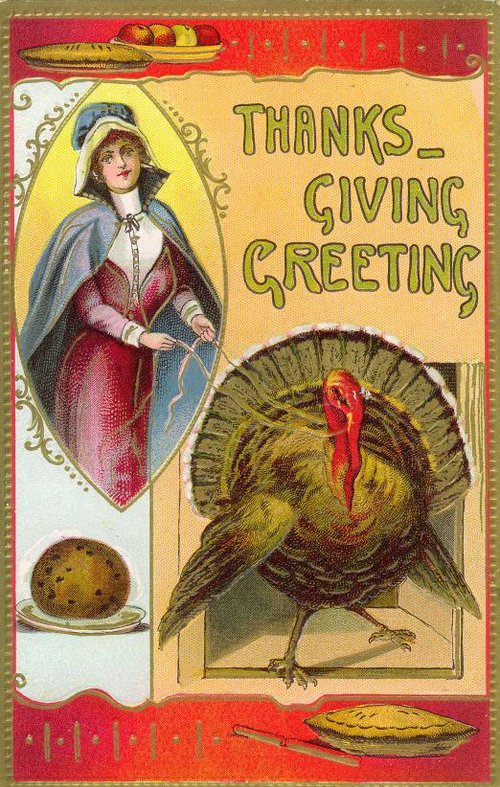Vintage Thanksgiving Greeting Card with Turkey & Pilgrim Woman