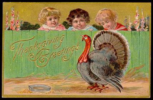 Victorian Thanksgiving Greeting Card with Turkey & Children