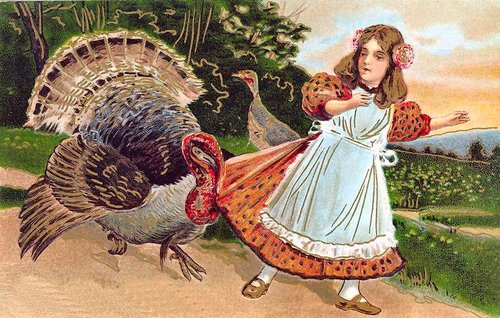 Victorian Girl with Turkey Greeting Card - Thanksgiving Die-Cut