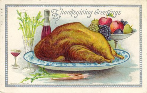 Vintage Thanksgiving Greetings Card - Roasted Turkey Feast