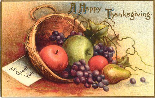Vintage Happy Thanksgiving Greeting Card with Cornucopia Harvest Fruit