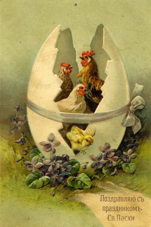 Vintage Easter Greeting Card with Roosters and Hens in Egg