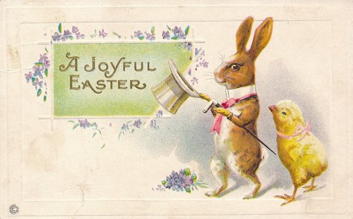 Victorian Easter Greeting Card with Anthropomorphic Rabbit and Chick