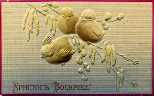 Russian Easter Greeting Card Embossed Birds Pussy Willow