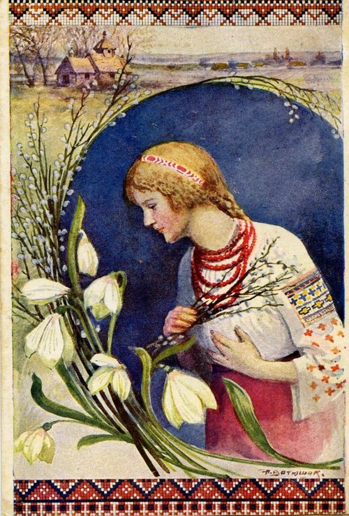 Art Nouveau Easter Card: Maiden with Snowdrops & Folk Costume