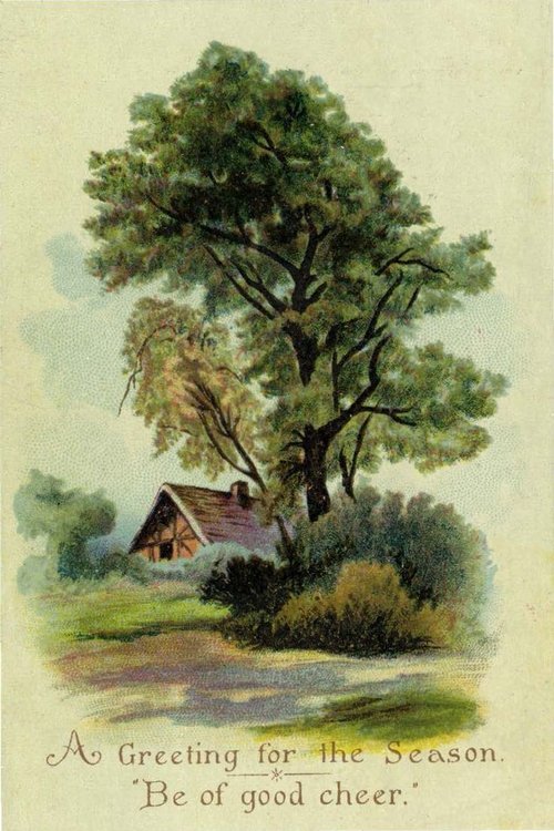 Victorian Seasonal Greeting Card with Cottage & Tree