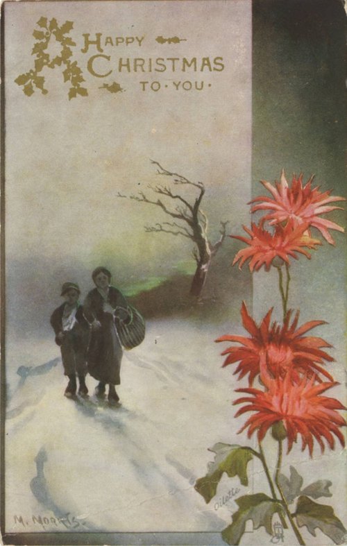 Vintage Christmas Card Winter Scene with Red Flowers