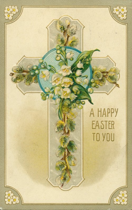 Victorian Easter Card with Cross and White Flowers