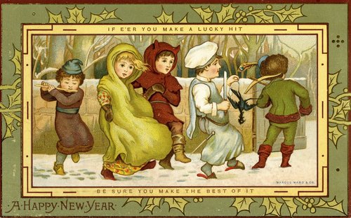 Victorian New Year Greeting Card with Children Playing, 1890s