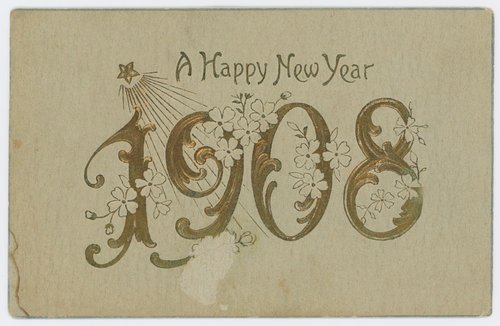 1908 New Year Greeting Card with Art Nouveau Florals