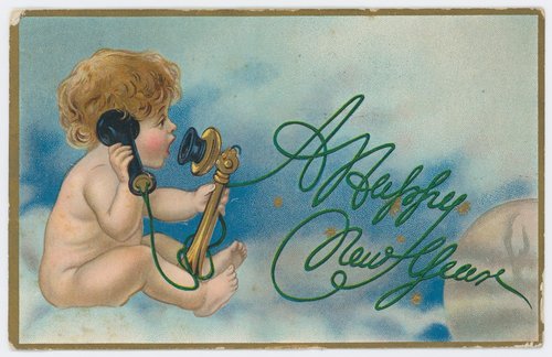 Vintage Cherub Telephone Happy New Year Greeting Card