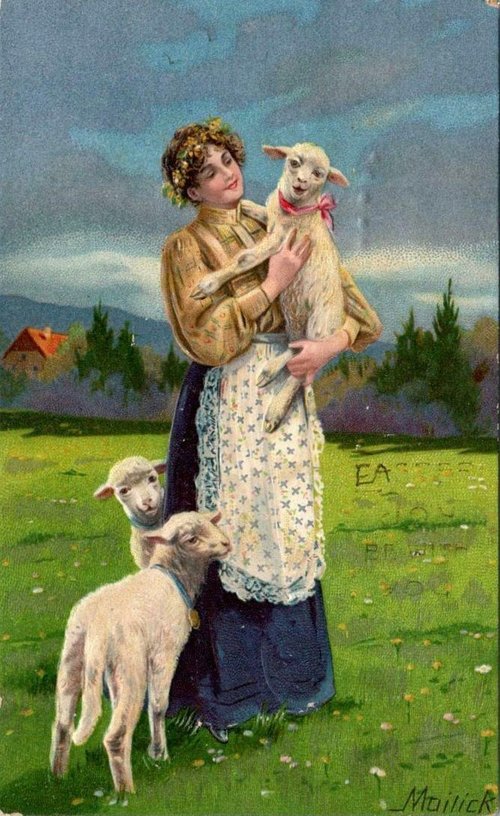 Easter Greeting Card with Girl and Lambs, Early 1900s