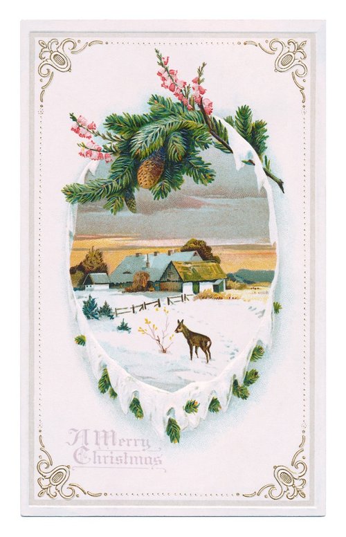 Victorian Christmas Card Winter Landscape Die-Cut Greeting