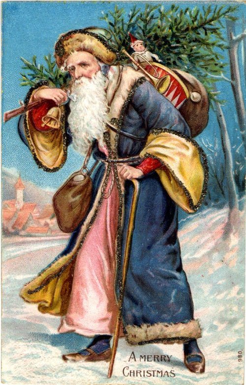 Victorian Santa Claus Christmas Greeting Card Blue Coat