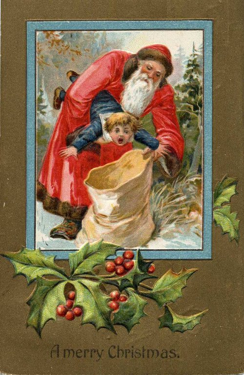 Victorian Santa Christmas Greeting Card with Child & Holly