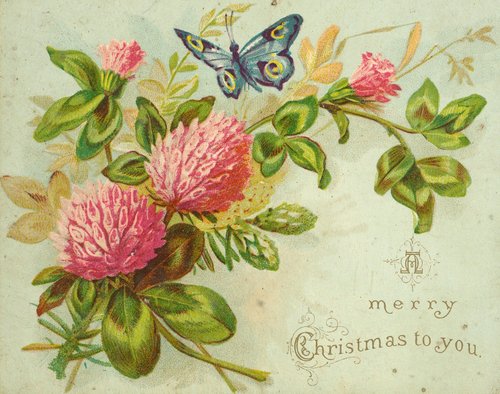 Victorian Christmas Card with Pink Flowers & Butterfly