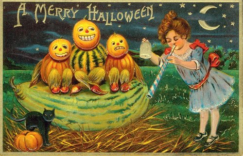 Vintage Halloween Greeting Card with Pumpkin Characters