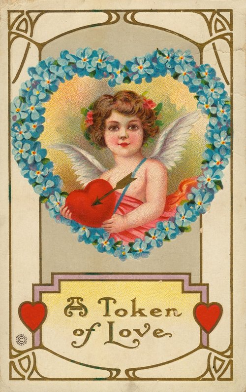 Victorian Cupid Valentine Card with Blue Forget-Me-Not Wreath