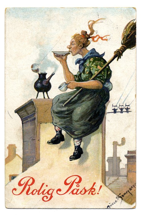 Vintage Easter Greeting Card - Witch on Rooftop Whimsical Scene