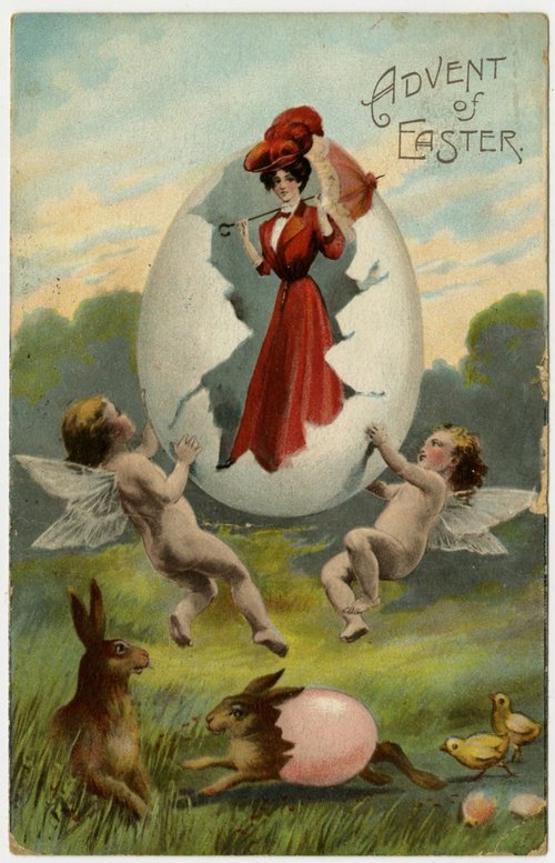 Edwardian Easter Greeting Card with Woman in Egg & Cherubs