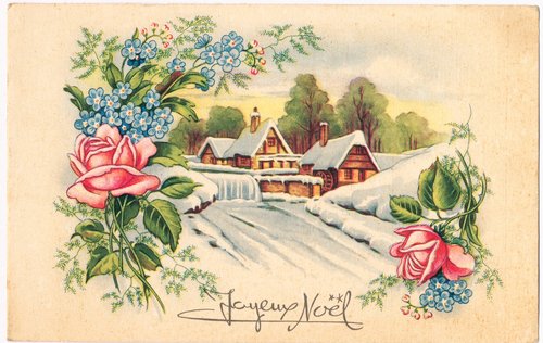 Victorian Christmas Card with Winter Cottage and Roses