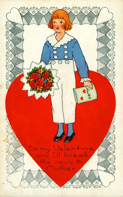 Vintage 1920s Valentine's Day Girl with Flowers & Lace Die-Cut Card