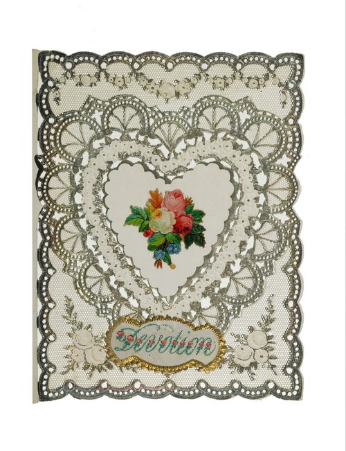 Victorian Valentine's Day Greeting Card with Lace and Floral Bouquet