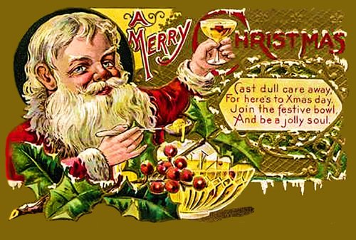 Vintage Santa Christmas Card with Holly & Champagne Toast