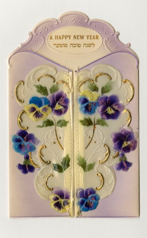 Victorian New Year Greeting Card with Pansies and Hebrew Text