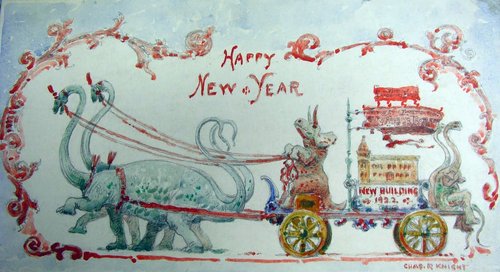 Happy New Year 1922 Vintage Greeting Card with Elephant, Goat & New Building