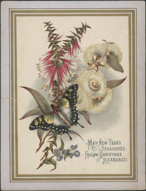 Victorian New Year Greeting Card with Butterfly & Flowers