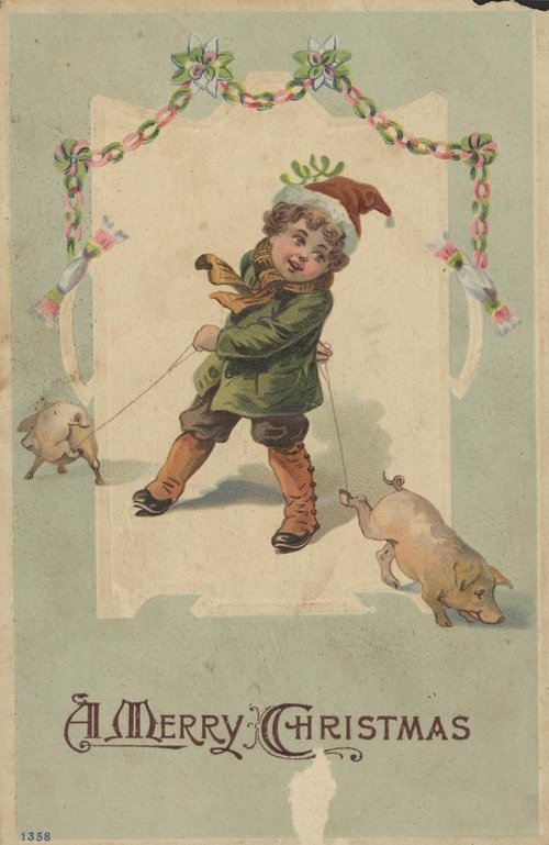 Victorian Christmas Card with Playful Child and Pigs
