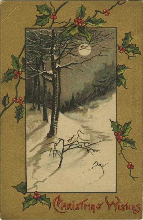 Victorian Winter Moonlight Christmas Card with Holly Border