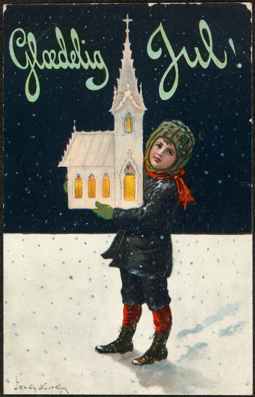 Vintage Edwardian Christmas Card with Child & Snowy Church