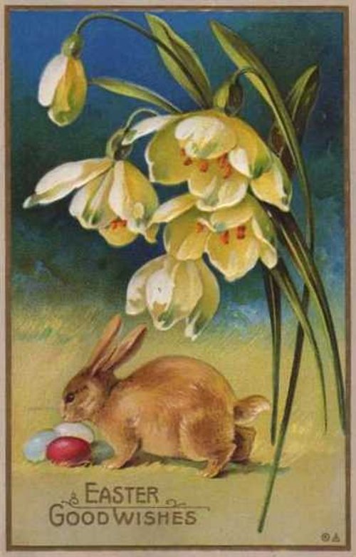 Victorian Easter Greeting Card with Rabbit, Snowdrops & Daffodils