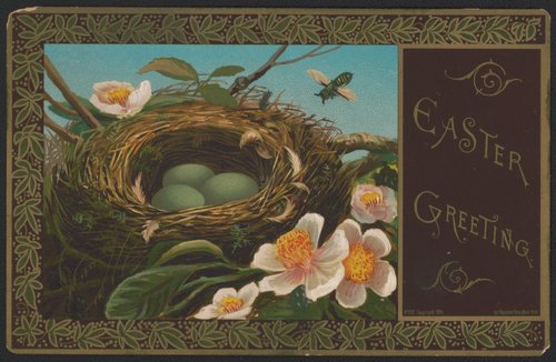 Victorian Easter Greeting Card with Bird's Nest & Spring Flowers