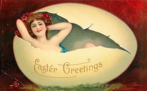 Victorian Easter Greetings Card with Woman in Egg
