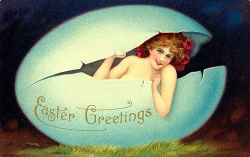Vintage Easter Greeting Card with Woman in Eggshell, Early 1900s