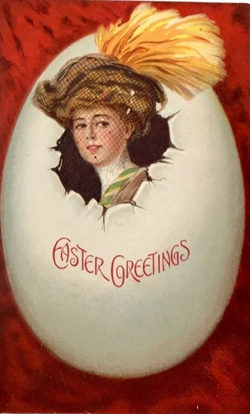 Vintage Easter Greetings Card Woman Emerging from Egg