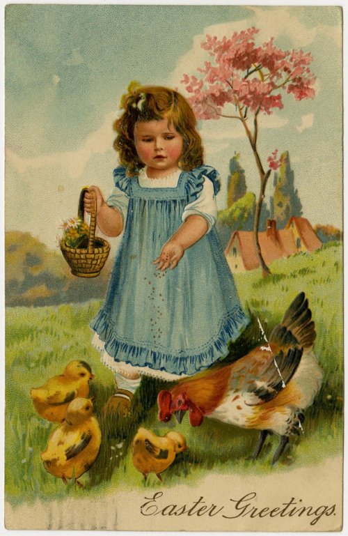 Victorian Easter Greetings Card with Girl & Farm Animals