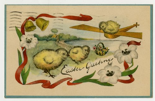 Vintage Easter Greeting Card with Chicks, Flowers & Ribbons