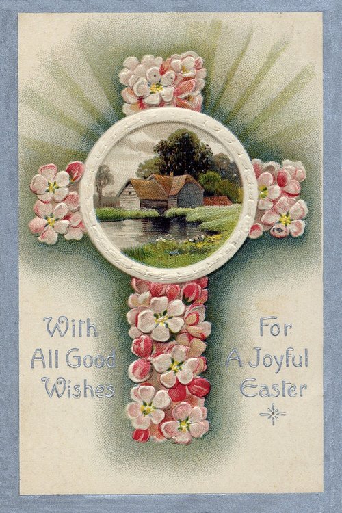 Victorian Easter Greeting Card with Floral Cross & Cottage Scene