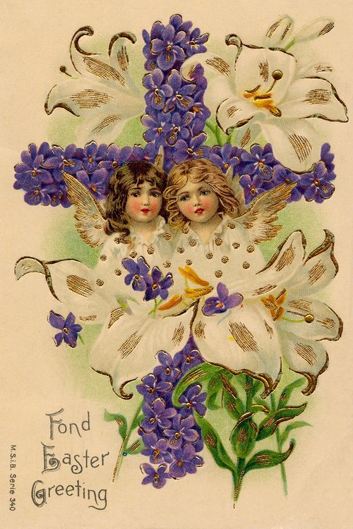 Victorian Easter Greeting Card with Angels & Purple Violets