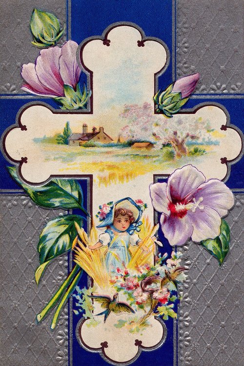 Victorian Cross Die-Cut Easter Card with Girl & Flowers