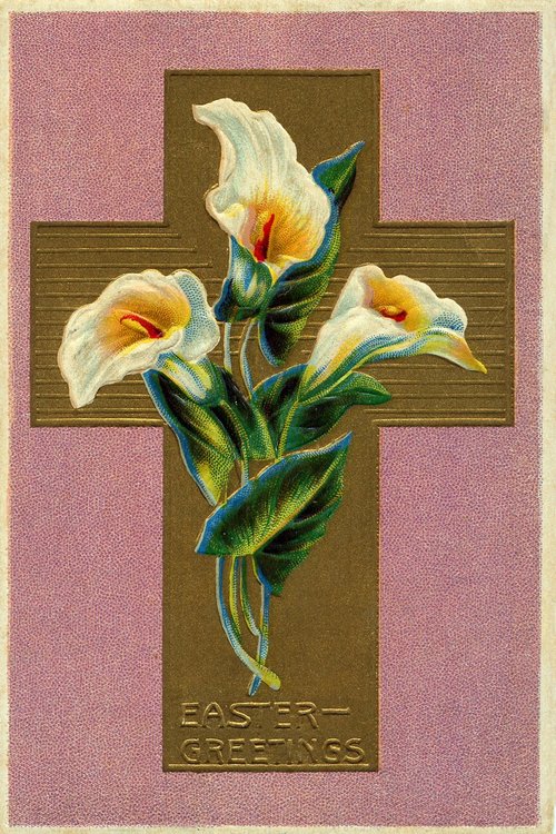 Vintage Easter Greeting Card with White Lilies on Cross