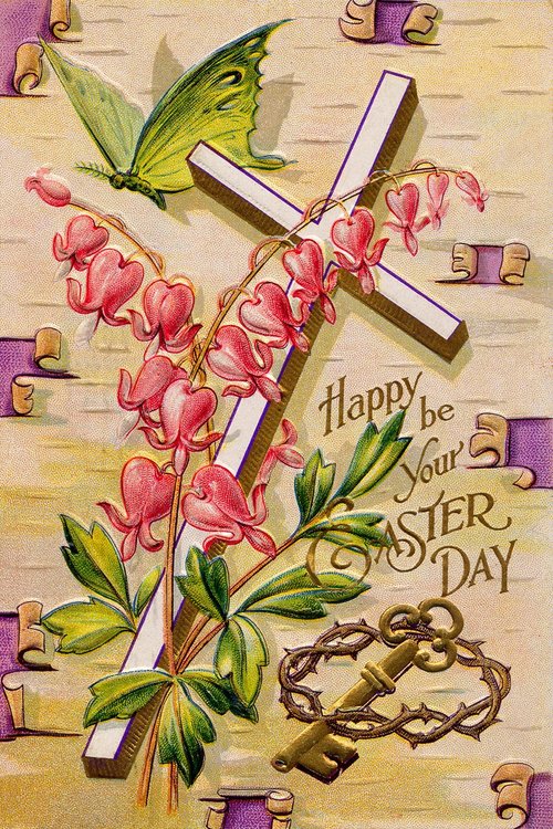 Victorian Easter Greeting Card with Cross & Bleeding Heart Flowers