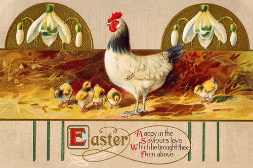 Victorian Easter Greeting Card with Hen and Chicks