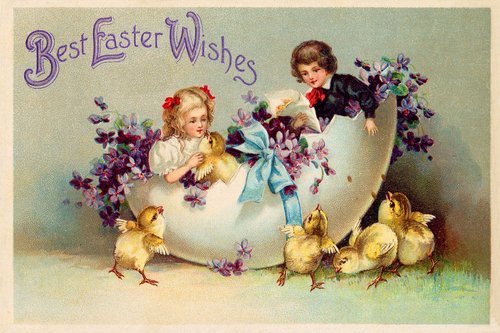 Victorian Easter Greeting Card with Children, Egg & Chicks