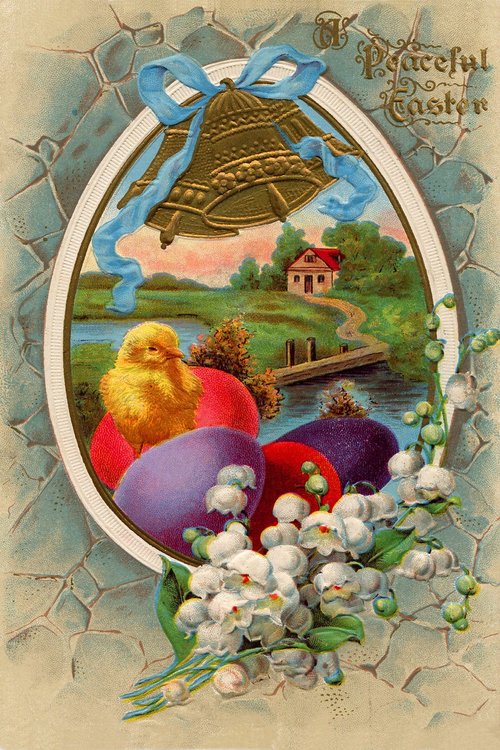 Victorian Easter Greeting Card with Chicks, Eggs & Cottage Scene
